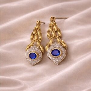 Vintage Royal Blue Sapphire Drop Gold Earrings